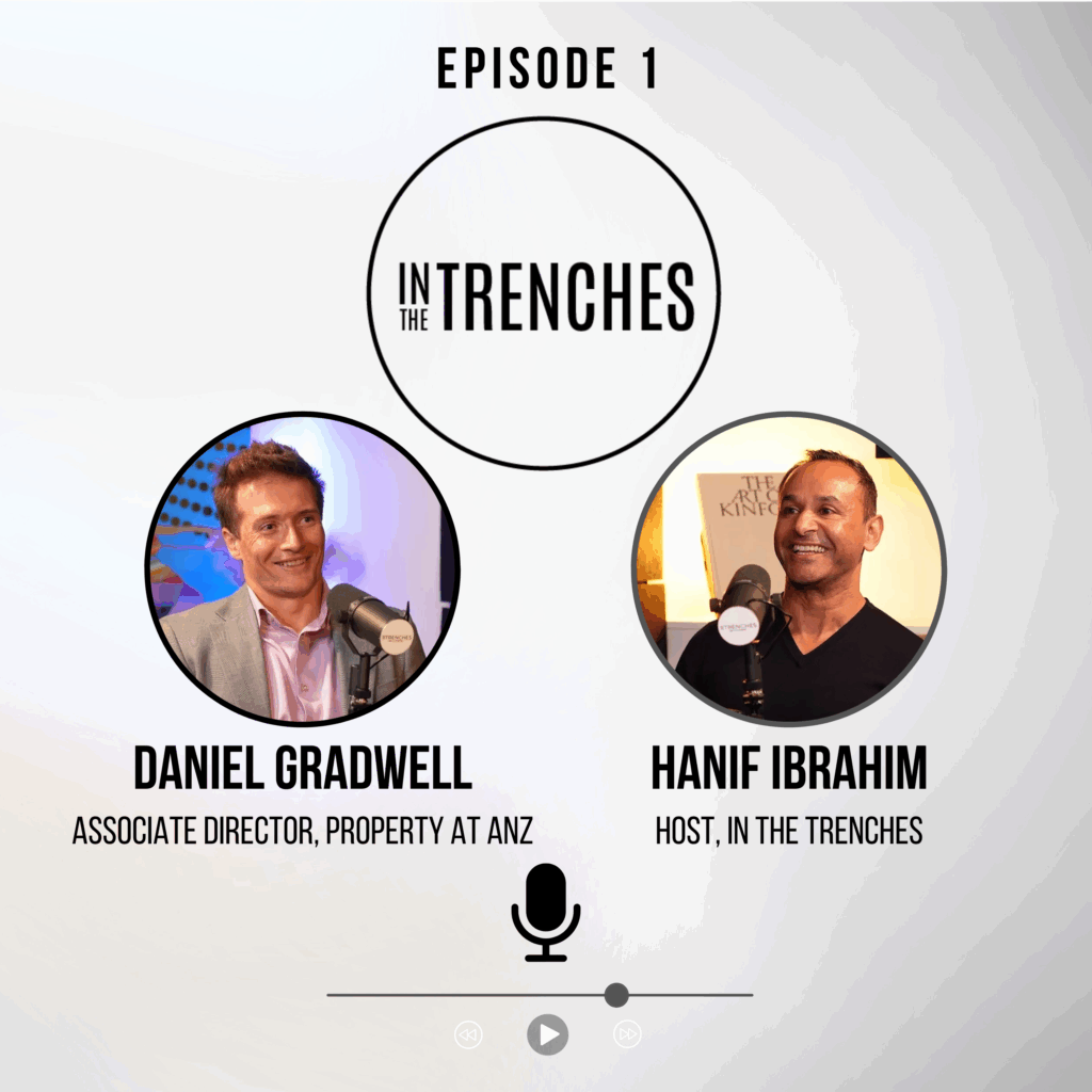 Promotional thumbnail for The Trenches Podcast – Episode 1, featuring Daniel Gradwell with host Hanif Ibrahim